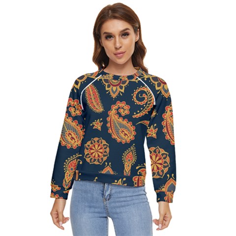 Bright-seamless-pattern-with-paisley-mehndi-elements-hand-drawn-wallpaper-with-floral-traditional-in Women s Long Sleeve Raglan T-shirt by Ket1n9