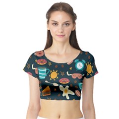 Seamless-pattern-with-breakfast-symbols-morning-coffee Short Sleeve Crop Top