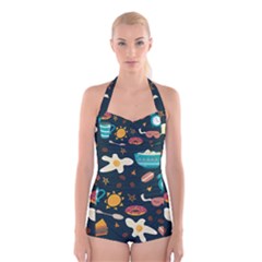 Seamless-pattern-with-breakfast-symbols-morning-coffee Boyleg Halter Swimsuit 