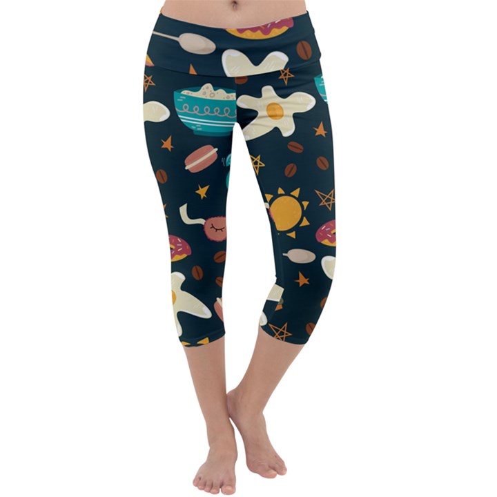 Seamless-pattern-with-breakfast-symbols-morning-coffee Capri Yoga Leggings