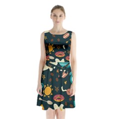 Seamless-pattern-with-breakfast-symbols-morning-coffee Sleeveless Waist Tie Chiffon Dress