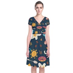 Seamless-pattern-with-breakfast-symbols-morning-coffee Short Sleeve Front Wrap Dress