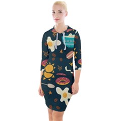 Seamless-pattern-with-breakfast-symbols-morning-coffee Quarter Sleeve Hood Bodycon Dress