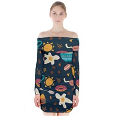 Seamless-pattern-with-breakfast-symbols-morning-coffee Long Sleeve Off Shoulder Dress