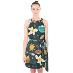 Seamless-pattern-with-breakfast-symbols-morning-coffee Halter Collar Waist Tie Chiffon Dress