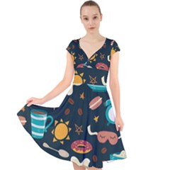 Seamless-pattern-with-breakfast-symbols-morning-coffee Cap Sleeve Front Wrap Midi Dress