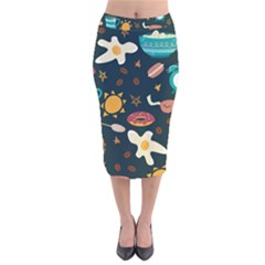 Seamless-pattern-with-breakfast-symbols-morning-coffee Velvet Midi Pencil Skirt by Ket1n9