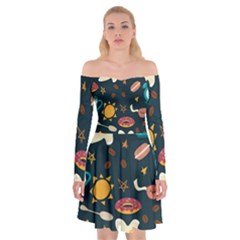 Seamless-pattern-with-breakfast-symbols-morning-coffee Off Shoulder Skater Dress