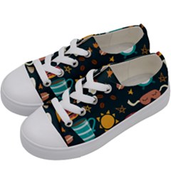 Seamless-pattern-with-breakfast-symbols-morning-coffee Kids  Low Top Canvas Sneakers