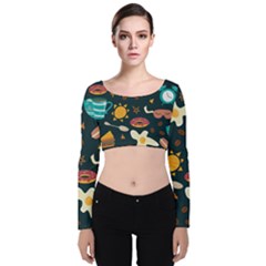 Seamless-pattern-with-breakfast-symbols-morning-coffee Velvet Long Sleeve Crop Top