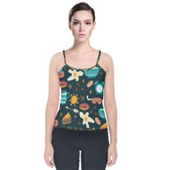 Seamless-pattern-with-breakfast-symbols-morning-coffee Velvet Spaghetti Strap Top