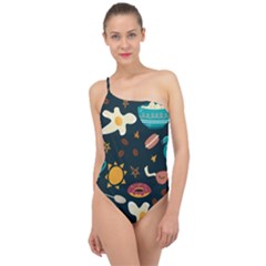 Seamless-pattern-with-breakfast-symbols-morning-coffee Classic One Shoulder Swimsuit