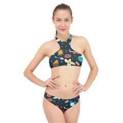 Seamless-pattern-with-breakfast-symbols-morning-coffee High Neck Bikini Set