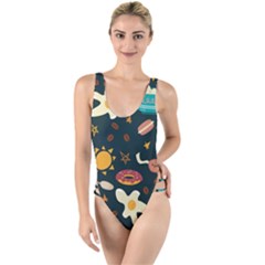 Seamless-pattern-with-breakfast-symbols-morning-coffee High Leg Strappy Swimsuit