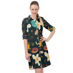 Seamless-pattern-with-breakfast-symbols-morning-coffee Long Sleeve Mini Shirt Dress