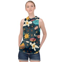 Seamless-pattern-with-breakfast-symbols-morning-coffee High Neck Satin Top