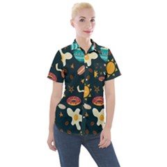 Seamless-pattern-with-breakfast-symbols-morning-coffee Women s Short Sleeve Pocket Shirt