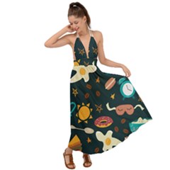 Seamless-pattern-with-breakfast-symbols-morning-coffee Backless Maxi Beach Dress