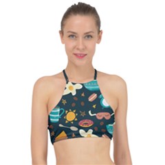 Seamless-pattern-with-breakfast-symbols-morning-coffee Halter Bikini Top