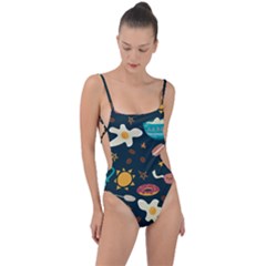 Seamless-pattern-with-breakfast-symbols-morning-coffee Tie Strap One Piece Swimsuit