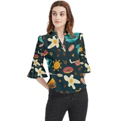 Seamless-pattern-with-breakfast-symbols-morning-coffee Loose Horn Sleeve Chiffon Blouse