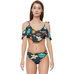 Seamless-pattern-with-breakfast-symbols-morning-coffee Ruffle Edge Tie Up Bikini Set	