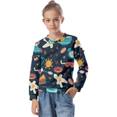 Seamless-pattern-with-breakfast-symbols-morning-coffee Kids  Long Sleeve T-Shirt with Frill 