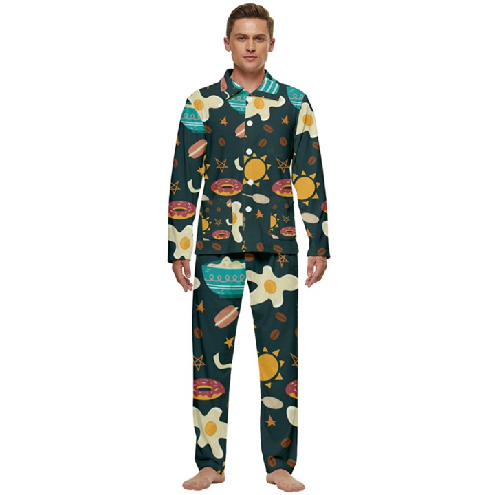 Seamless-pattern-with-breakfast-symbols-morning-coffee Men s Long Sleeve Velvet Pocket Pajamas Set