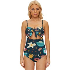 Seamless-pattern-with-breakfast-symbols-morning-coffee Knot Front One-Piece Swimsuit