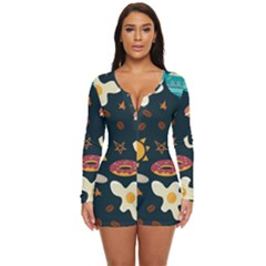 Seamless-pattern-with-breakfast-symbols-morning-coffee Long Sleeve Boyleg Swimsuit