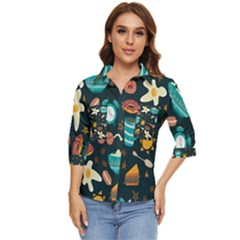 Seamless-pattern-with-breakfast-symbols-morning-coffee Women s Quarter Sleeve Pocket Shirt