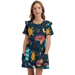 Seamless-pattern-with-breakfast-symbols-morning-coffee Kids  Frilly Sleeves Pocket Dress