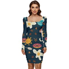 Seamless-pattern-with-breakfast-symbols-morning-coffee Women Long Sleeve Ruched Stretch Jersey Dress