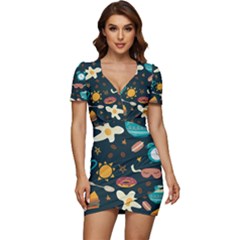 Seamless-pattern-with-breakfast-symbols-morning-coffee Low Cut Cap Sleeve Mini Dress