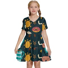 Seamless-pattern-with-breakfast-symbols-morning-coffee Kids  Short Sleeve Tiered Mini Dress