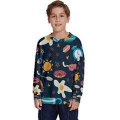 Seamless-pattern-with-breakfast-symbols-morning-coffee Kids  Crewneck Sweatshirt