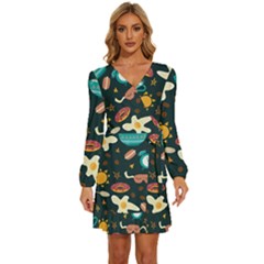 Seamless-pattern-with-breakfast-symbols-morning-coffee Long Sleeve Waist Tie Ruffle Velvet Dress