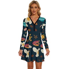 Seamless-pattern-with-breakfast-symbols-morning-coffee Long Sleeve Deep V Mini Dress 