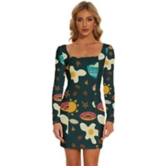 Seamless-pattern-with-breakfast-symbols-morning-coffee Long Sleeve Square Neck Bodycon Velvet Dress