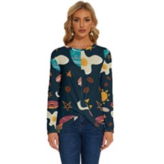 Seamless-pattern-with-breakfast-symbols-morning-coffee Long Sleeve Crew Neck Pullover Top