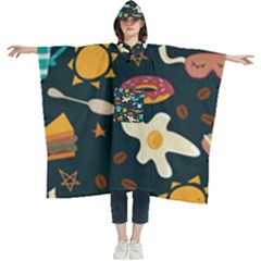 Seamless-pattern-with-breakfast-symbols-morning-coffee Women s Hooded Rain Ponchos