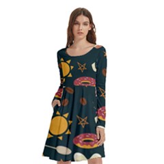 Seamless-pattern-with-breakfast-symbols-morning-coffee Long Sleeve Knee Length Skater Dress With Pockets