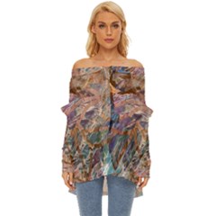 Blending Flows Off Shoulder Chiffon Pocket Shirt by kaleidomarblingart