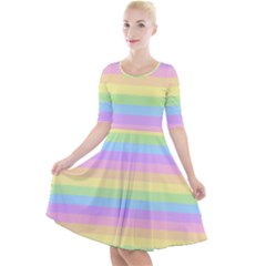 Cute Pastel Rainbow Stripes Quarter Sleeve A-line Dress With Pockets