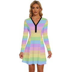 Cute Pastel Rainbow Stripes Long Sleeve Deep V Mini Dress  by Ket1n9