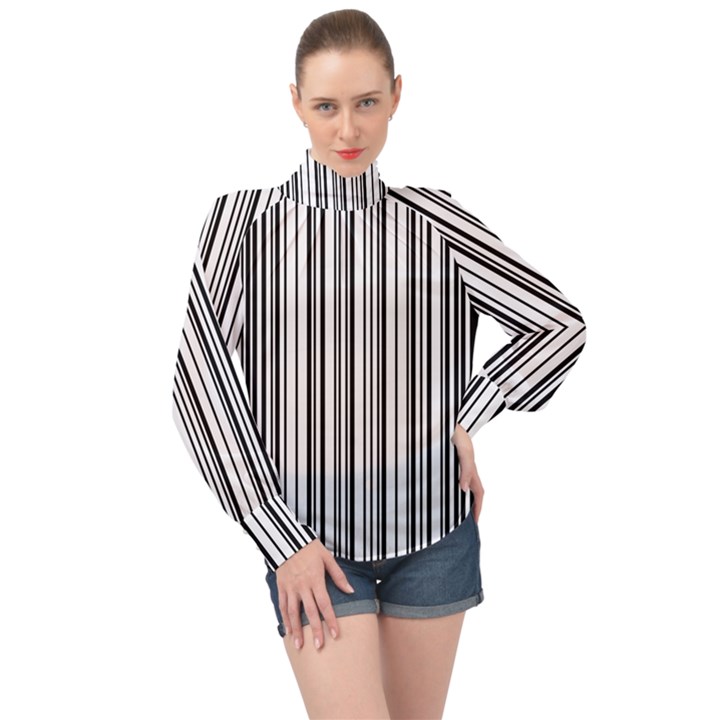 Barcode Pattern High Neck Long Sleeve Chiffon Top