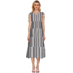 Barcode Pattern V-Neck Drawstring Shoulder Sleeveless Maxi Dress