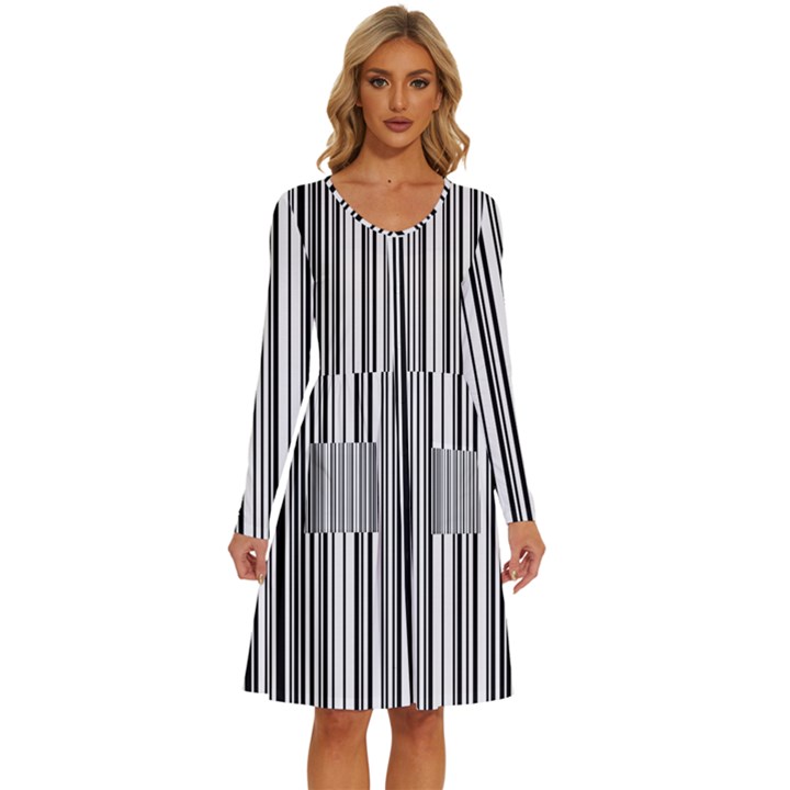 Barcode Pattern Long Sleeve Dress With Pocket