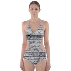 Black And White Hand Drawn Doodles Abstract Pattern Bk Cut-out One Piece Swimsuit by dflcprintsclothing