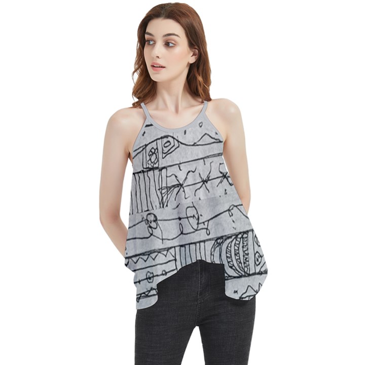 Black And White Hand Drawn Doodles Abstract Pattern Bk Flowy Camisole Tank Top